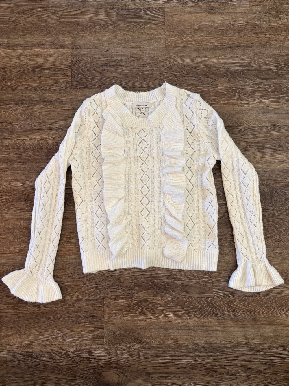 Francesca's Collections white Ruffled Cable-Knit Sweater